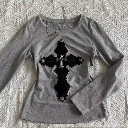 Gray Long-Sleeve Subculture Gothic Rock Punk Y2K E-girl Vintage Print Long Sleeve Top