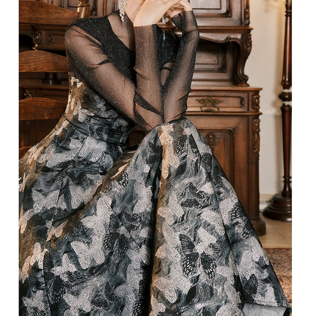 French Vintage Floral Gown Dress with High Neck Top