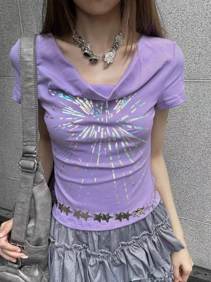 Purple American Vintage Cowl-Neck Waist-Cinched Light Subculture Y2K T-Shirt