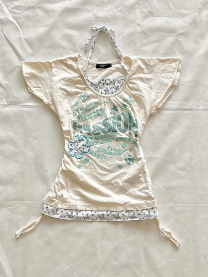 Floral Halter Fake Two-Piece Tie Y2K T-Shirt