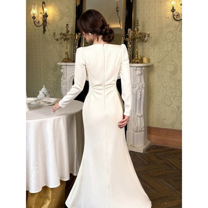 French Long Sleeve Square Neck Gown Dress – Engagement and Party Dress