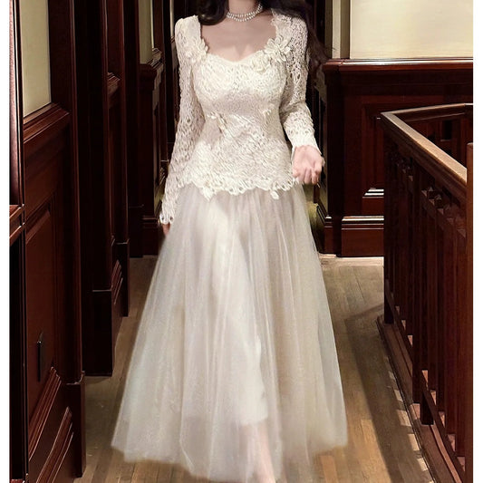 White Floral Lace Long Sleeve Gown Prom Dress