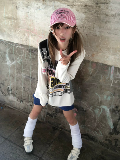 Retro Letter Print Long Sleeve T Shirt Loose Fit Couple Top