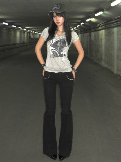 Y2K V Neck Fitted Tee