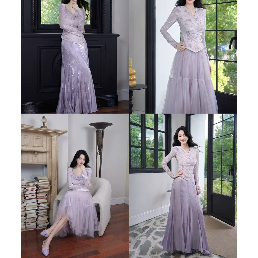 Purple V-Neck Long Sleeve Set Gown Prom Dress