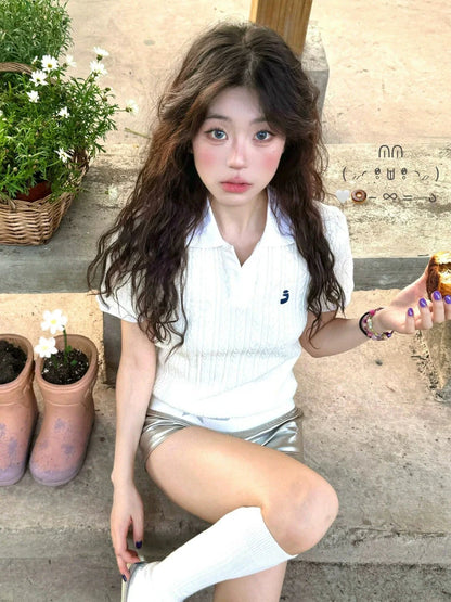 Preppy Embroidered Short Sleeve Polo Top Slim Fit Knit Shirt