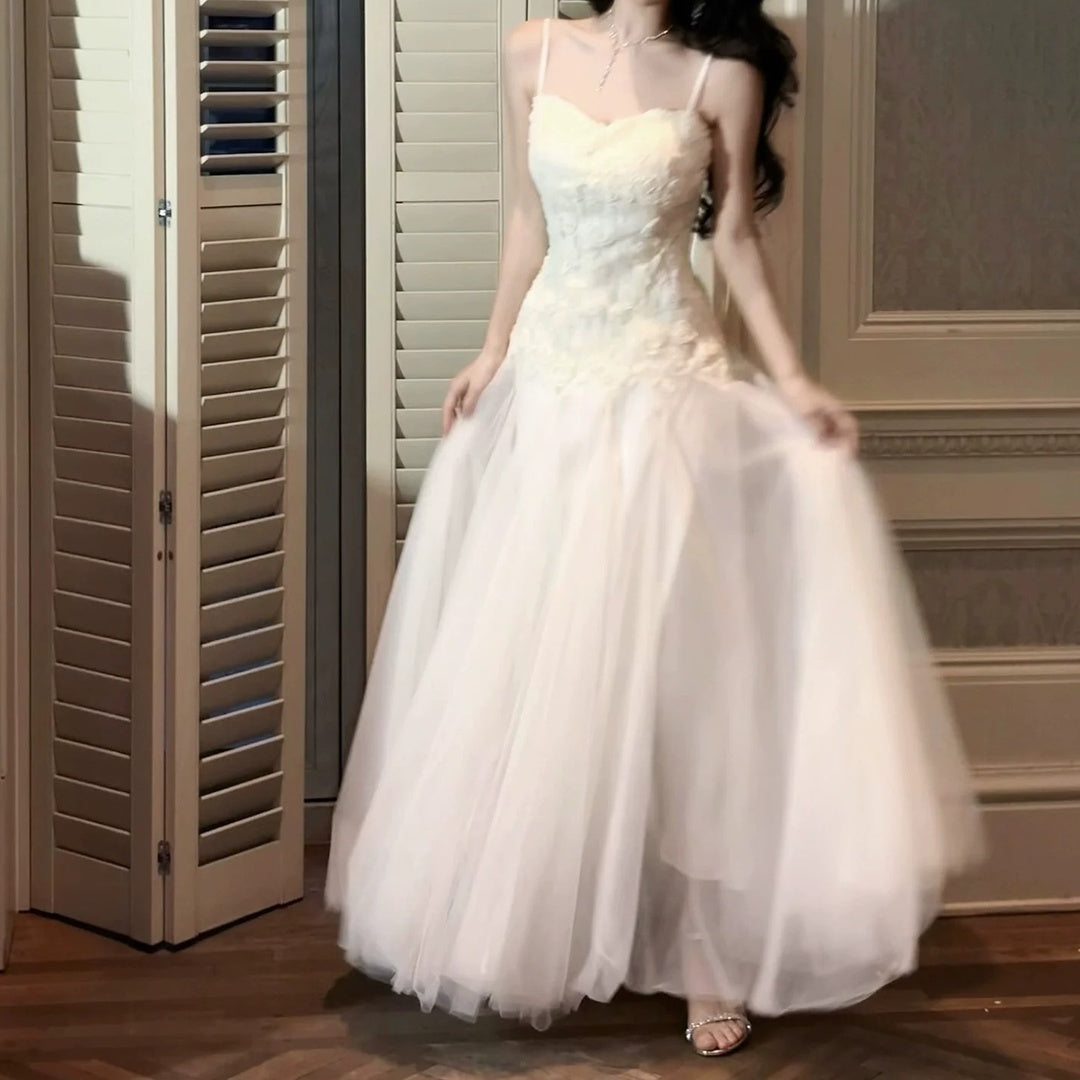 French 3D Flower Heavywork Spaghetti Strap Gown Dress