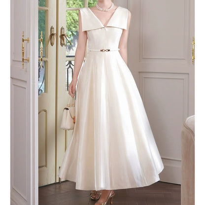 French Satin Sleeveless V-Neck Waist Gown Dress – Luxury Evening Dress
