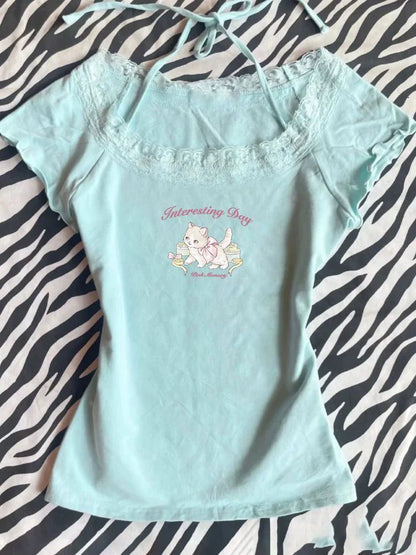 Light Blue Lace Square Neck Y2K T-Shirt