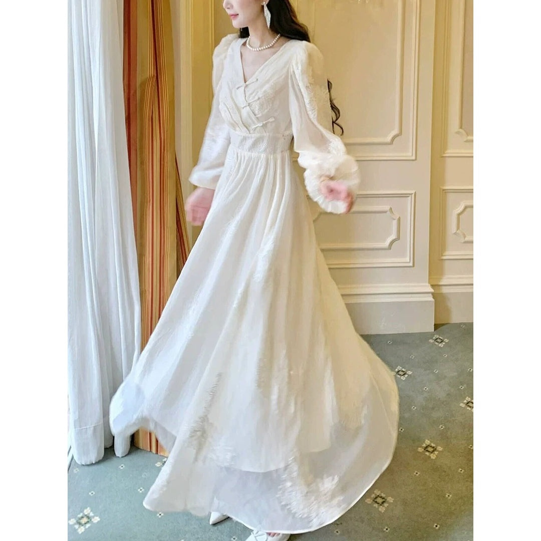 Chinese High-End Embroidered Long Sleeve Gown Dress