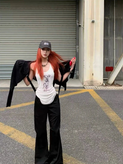 White Mesh Fake Two-Piece Dog Print Y2K Tank Top