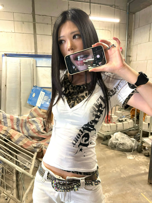 V-Neck Straight Shoulder Tee Leopard Star Patch Y2K Top