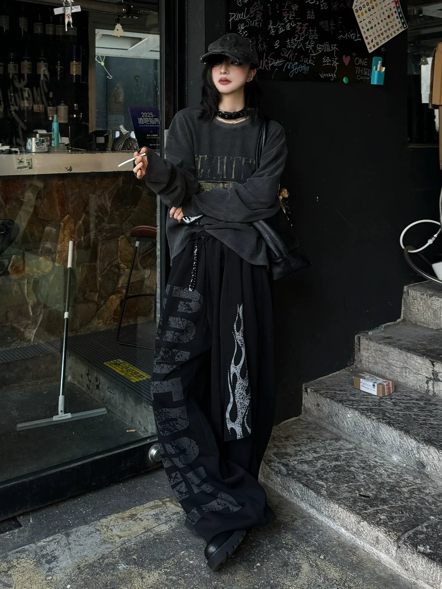 Punk Flame Strap Wide-Leg Pants Boxing-Inspired Streetwear Bottoms
