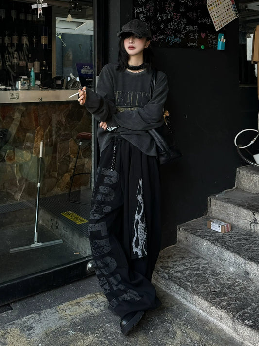 Punk Flame Strap Wide-Leg Pants Boxing-Inspired Streetwear Bottoms