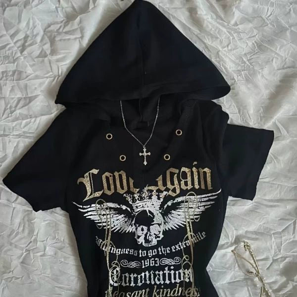 Black Subculture Rock Punk Y2K Abi E-girl American Retro Print Hooded Short Sleeve Top