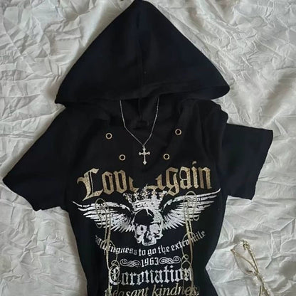 Black Subculture Rock Punk Y2K Abi E-girl American Retro Print Hooded Short Sleeve Top
