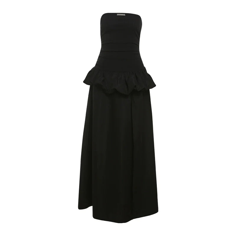 French Chic Black Fake Two-Piece Tube Top High-Slit Maxi Dress
