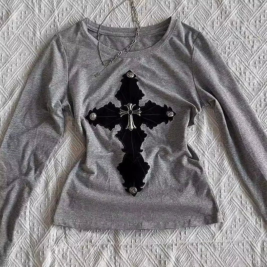 Gray Long-Sleeve Subculture Gothic Rock Punk Y2K E-girl Vintage Print Long Sleeve Top