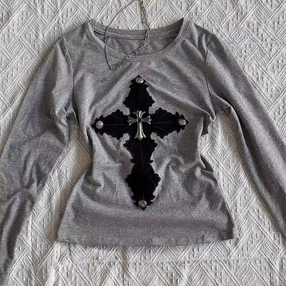 Gray Long-Sleeve Subculture Gothic Rock Punk Y2K E-girl Vintage Print Long Sleeve Top