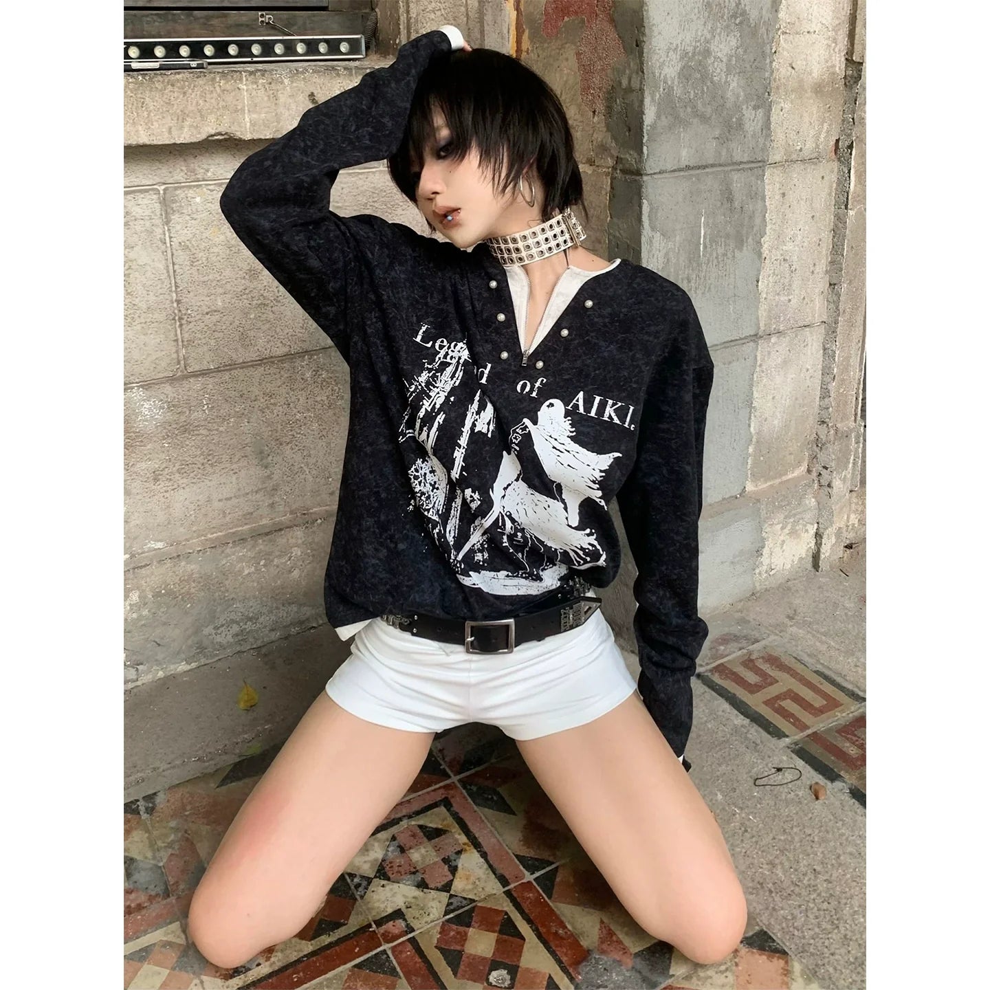 Y2K Fake Two Piece Pearl V Neck Hoodie