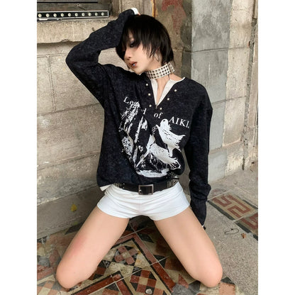 Y2K Fake Two Piece Pearl V Neck Hoodie