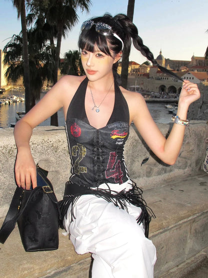 Retro Jersey Halter Crop Tank Asymmetric Hot-Girl Top