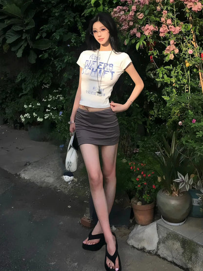 Retro White Letter Print Short Sleeve Top for Summer