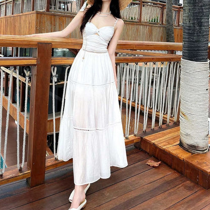French White High-End Spaghetti Strap Resort Gown Dress