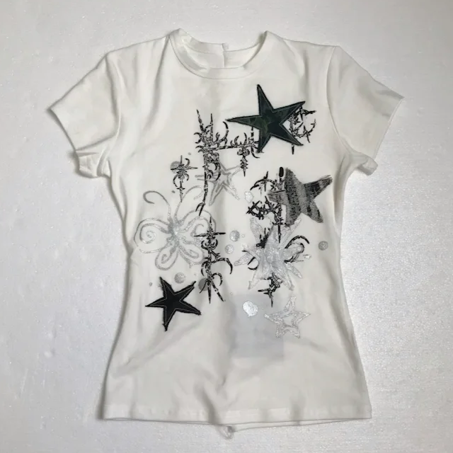 White Subculture Y2K E-girl Abi American Retro Hand-Drawn Star Print Light Subculture Short Sleeve Top
