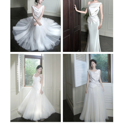 French One-Shoulder Satin Mesh Skirt Set Gown Dress