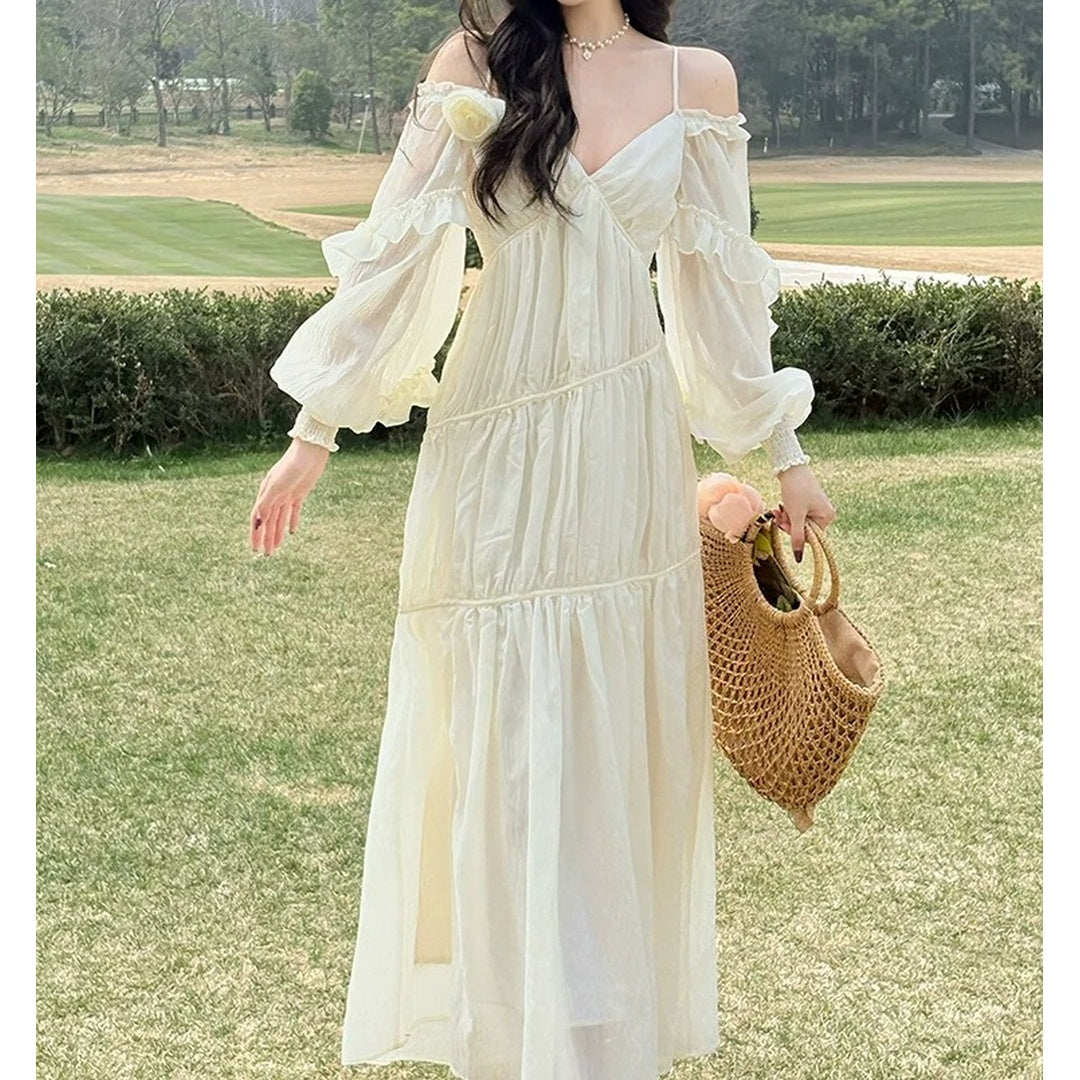 French V Neck Spaghetti Strap Bubble Sleeve White Gown Dress