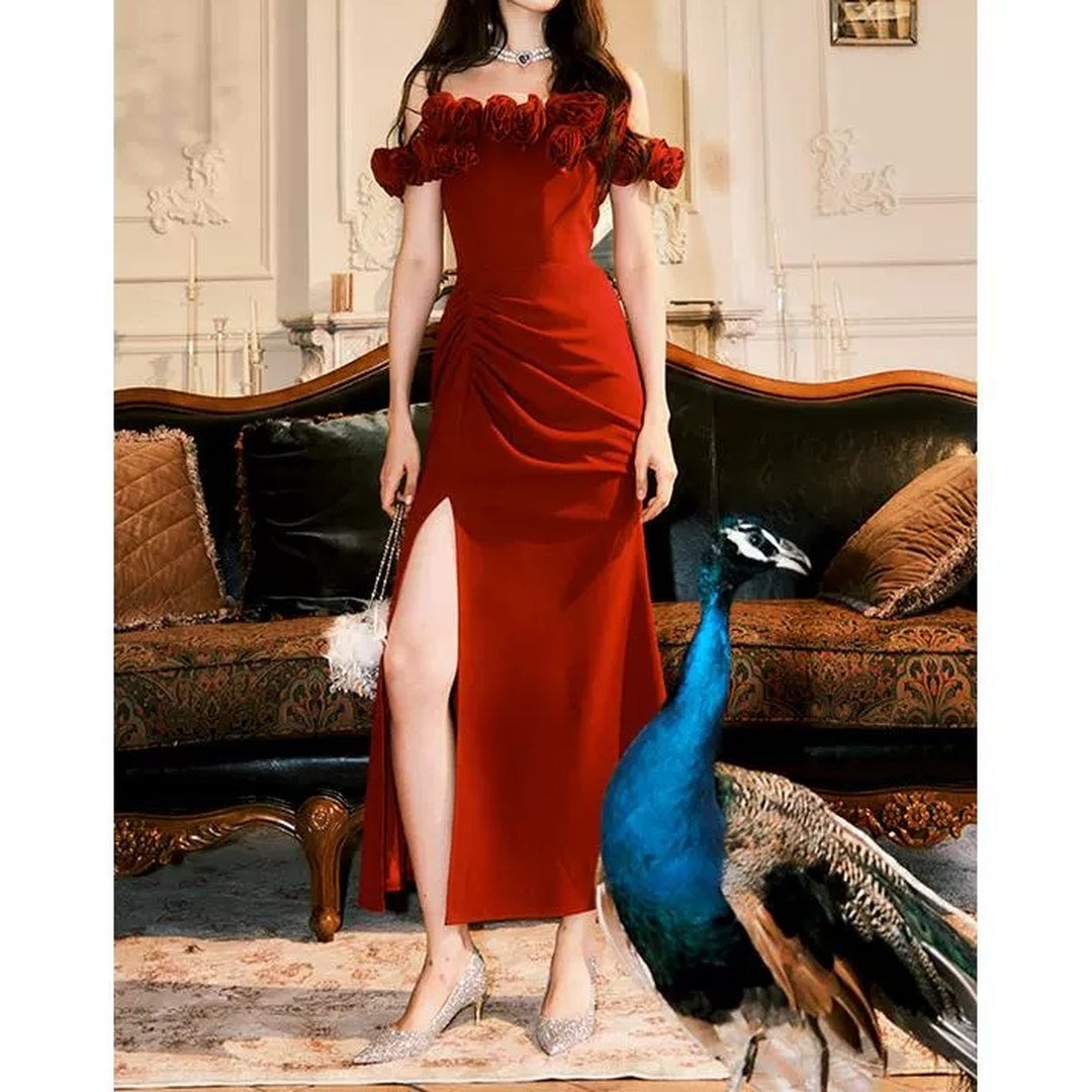 Red Rose Embroidered Mermaid Gown Prom Dress