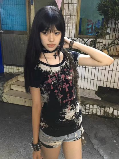 Black Subculture Punk Y2K E-girl Retro Print Niche Slim Short Sleeve Top (Style 2)