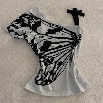 Gray Subculture Y2K E-girl Vintage Off-Shoulder Print Halter Short Sleeve Top