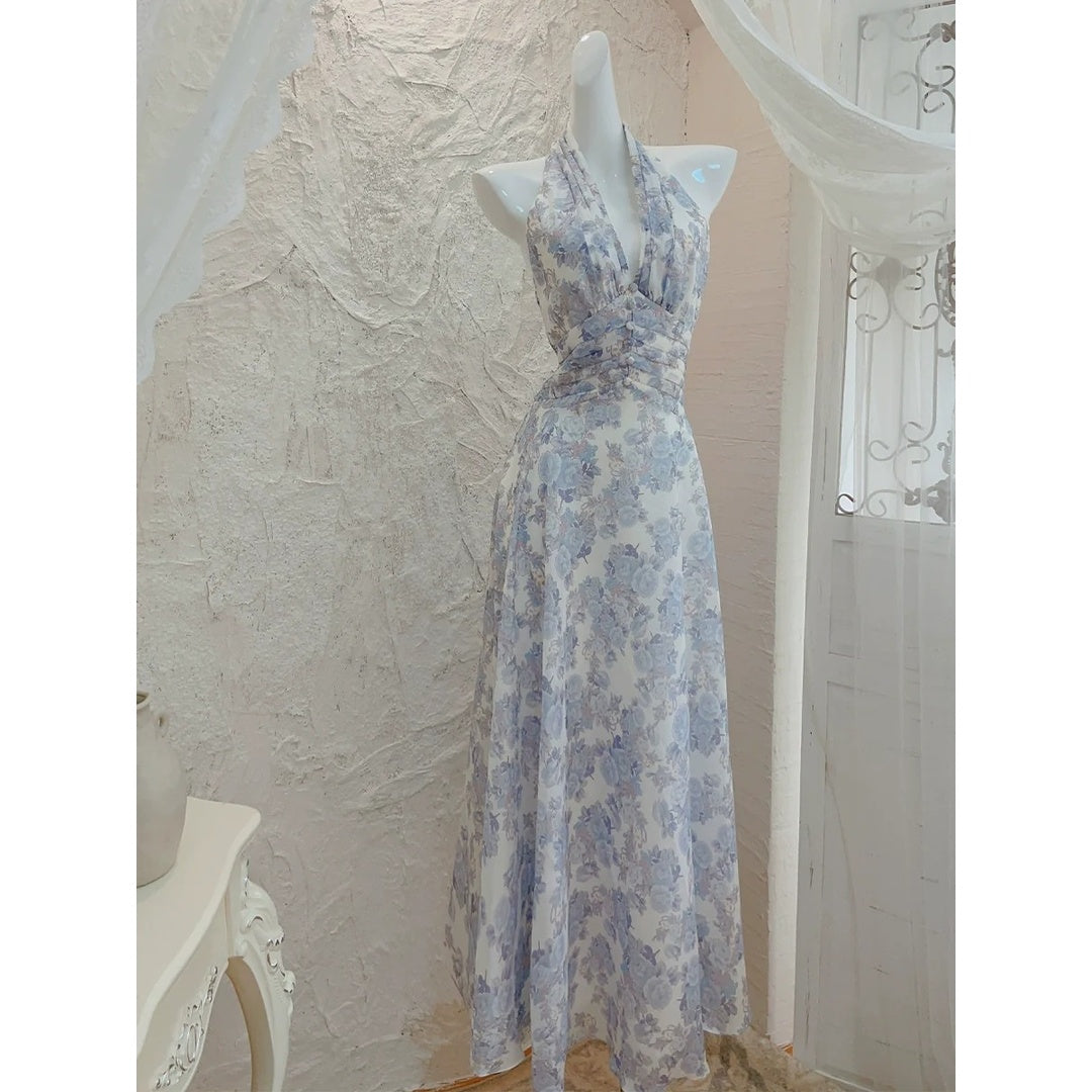 Halter Floral Print Ruffle Waist Gown Dress