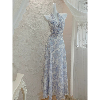 Halter Floral Print Ruffle Waist Gown Dress