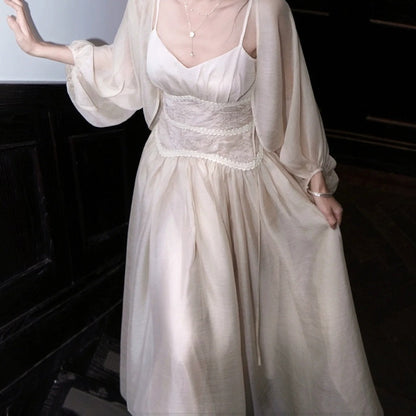 French Waist Spaghetti Strap Loose Chiffon Set Gown Dress