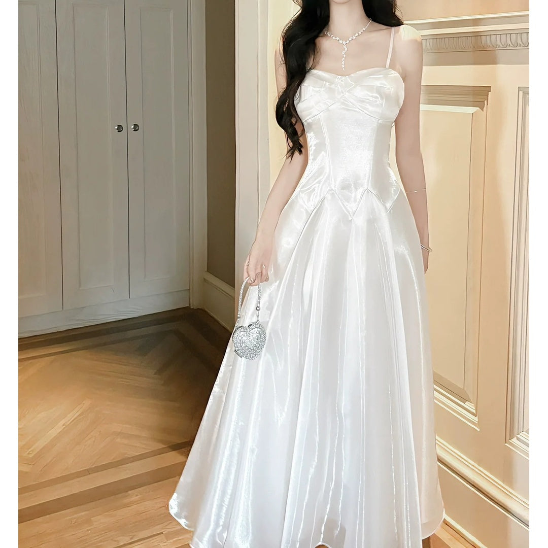 French White Satin Spaghetti Strap Gown Dress