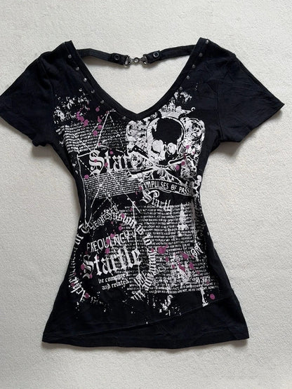 Black Studded V Neck Print Tee Y2K Top