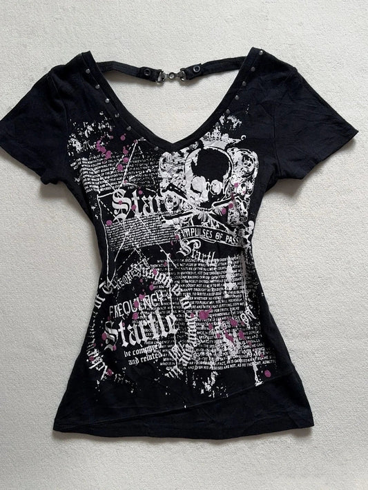 Black Studded V Neck Print Tee Y2K Top
