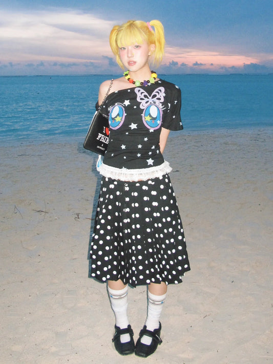 Y2K Comic Eye Print Off-Shoulder Tee Slim Fit Retro Alt Girl Top