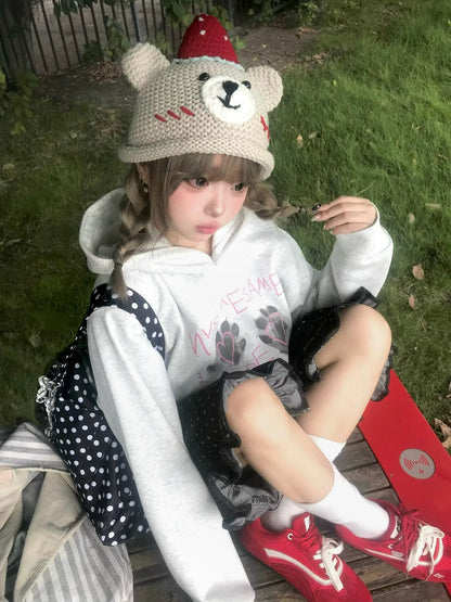 Cat Paw Letter Print Hoodie Loose Fit Unisex Top