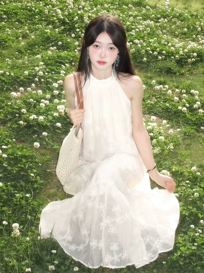 Soft Elegant Bow Halter Embroidered Maxidress