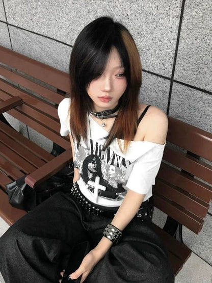 White Off-Shoulder Subculture Punk Y2K E-girl Light Subculture American Retro Off-Shoulder Short Sleeve Top