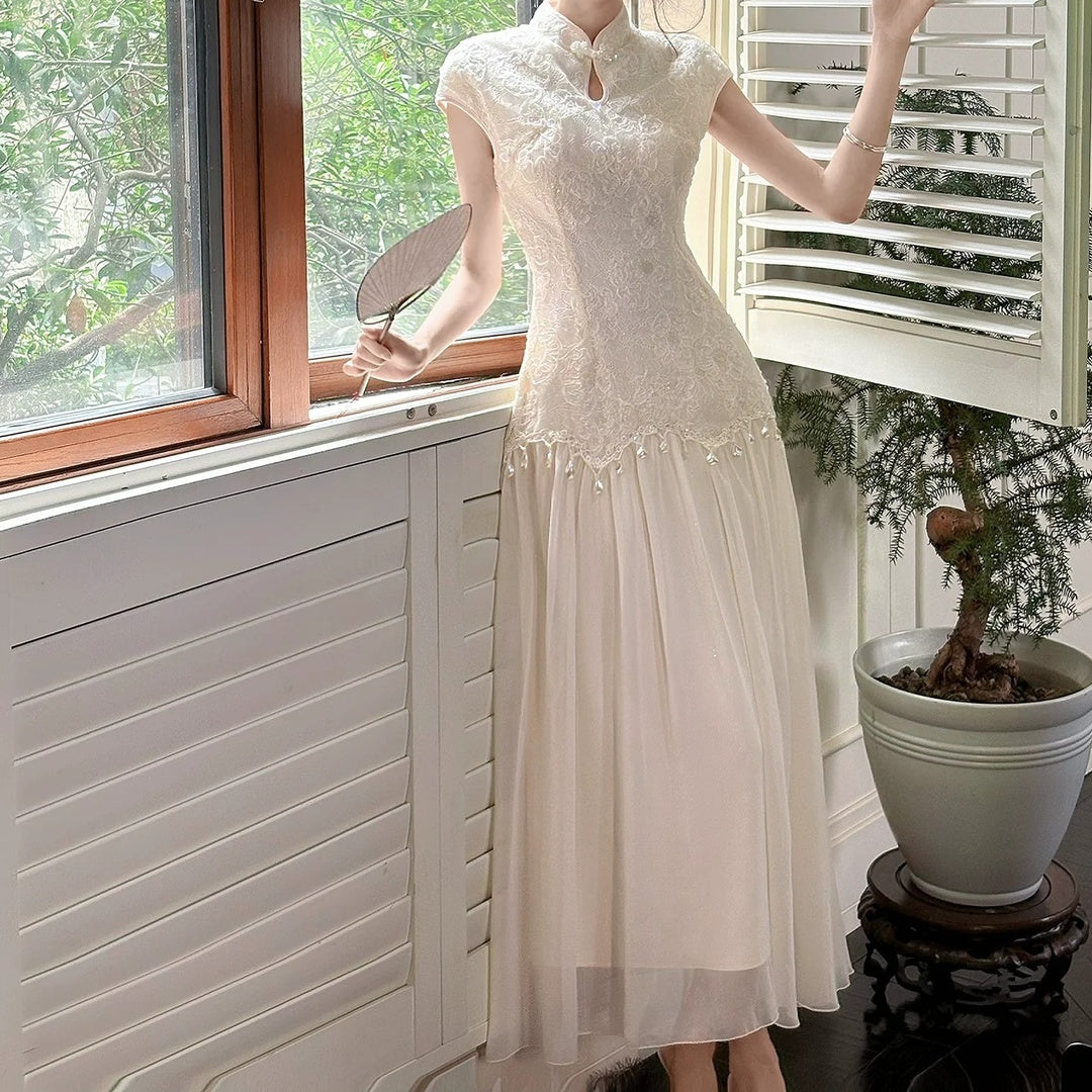 Chinese Mesh Sequin Lace Cheongsam Gown Dress