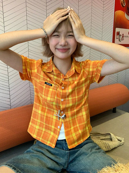 American Plaid Fitted Short Sleeve Shirt Bright-Tone Checkered Cropped Top