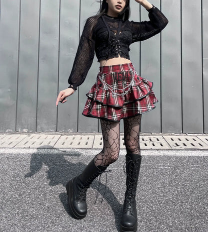 Plaid Cake Skirt [With Chain] Subculture Punk Y2K E-girl Gothic Rock Retro High-Waisted Short Skirt