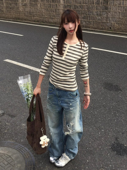 American Retro Striped Knit Long Sleeve Tee Autumn Color-Dot Slim Base Layer