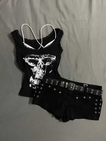 Black Subculture Y2K E-girl Abi American Retro Print Lace-Trimmed Crop Tank Top