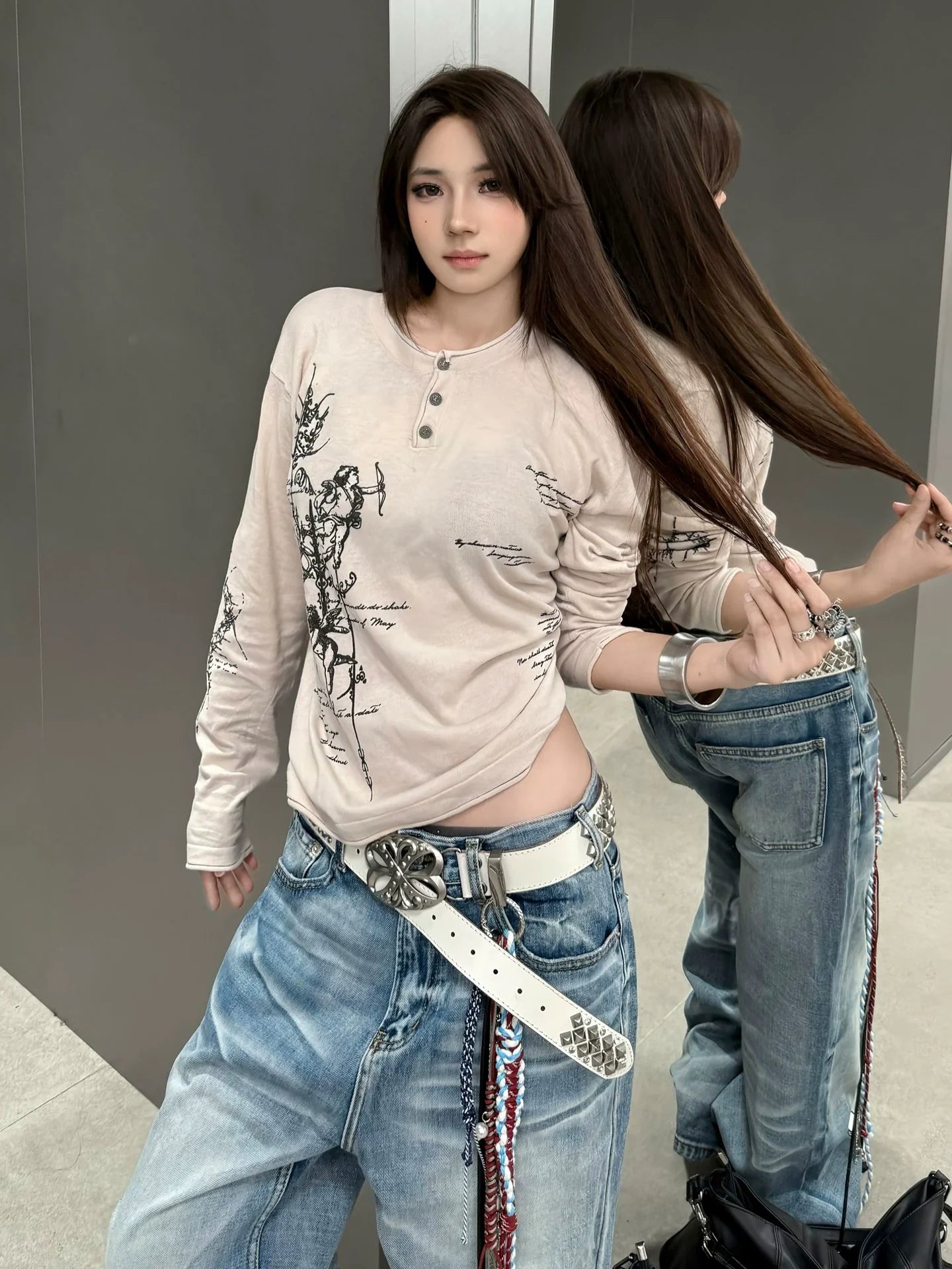 Punk Subculture Printed Long Sleeve Tee Henry Collar Loose Fit Base Top